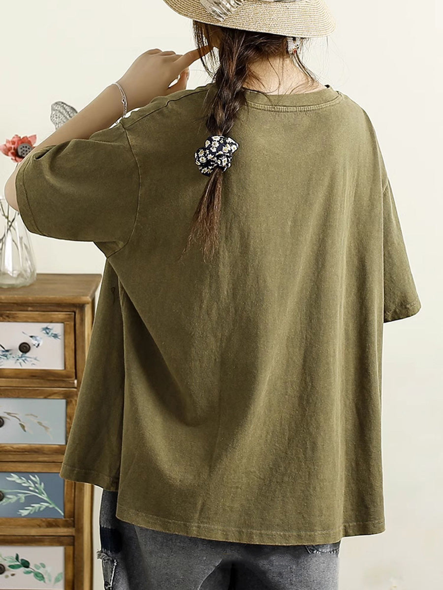 Women Summer Vintage Patch Spliced O-Neck Cotton Shirt HH039