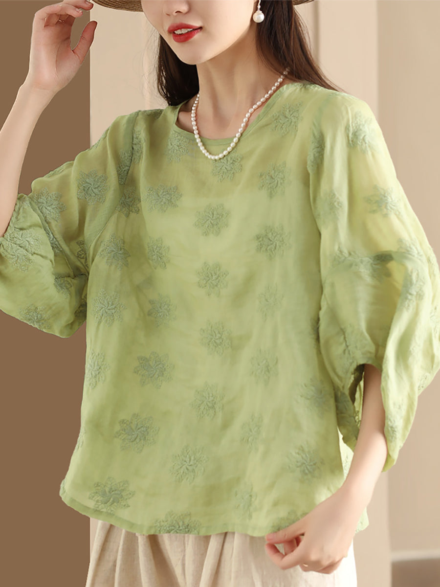 Women Summer Vintage Flower Embroidery Ramie Shirt PP1029