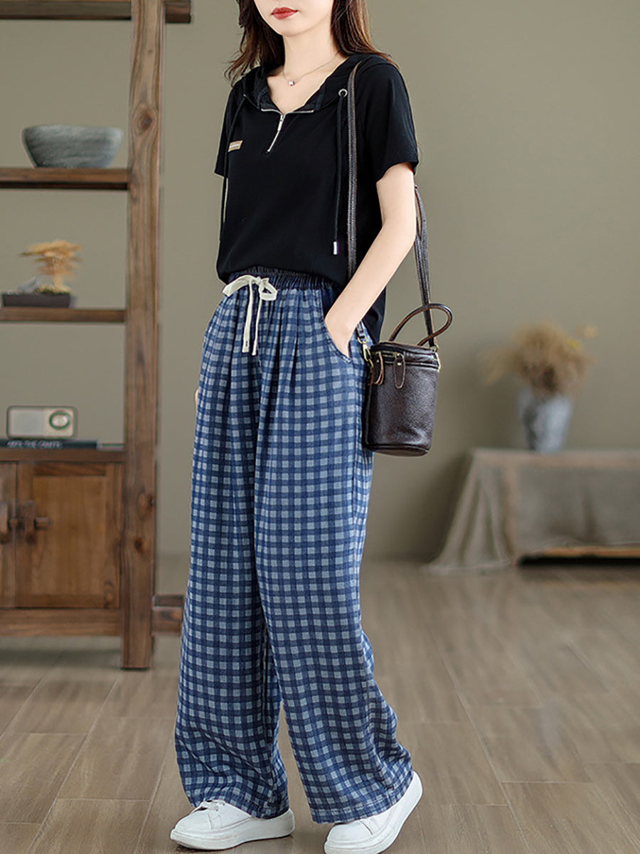 Women Summer Casual Plaid Wide-leg Cotton Pants OP1028