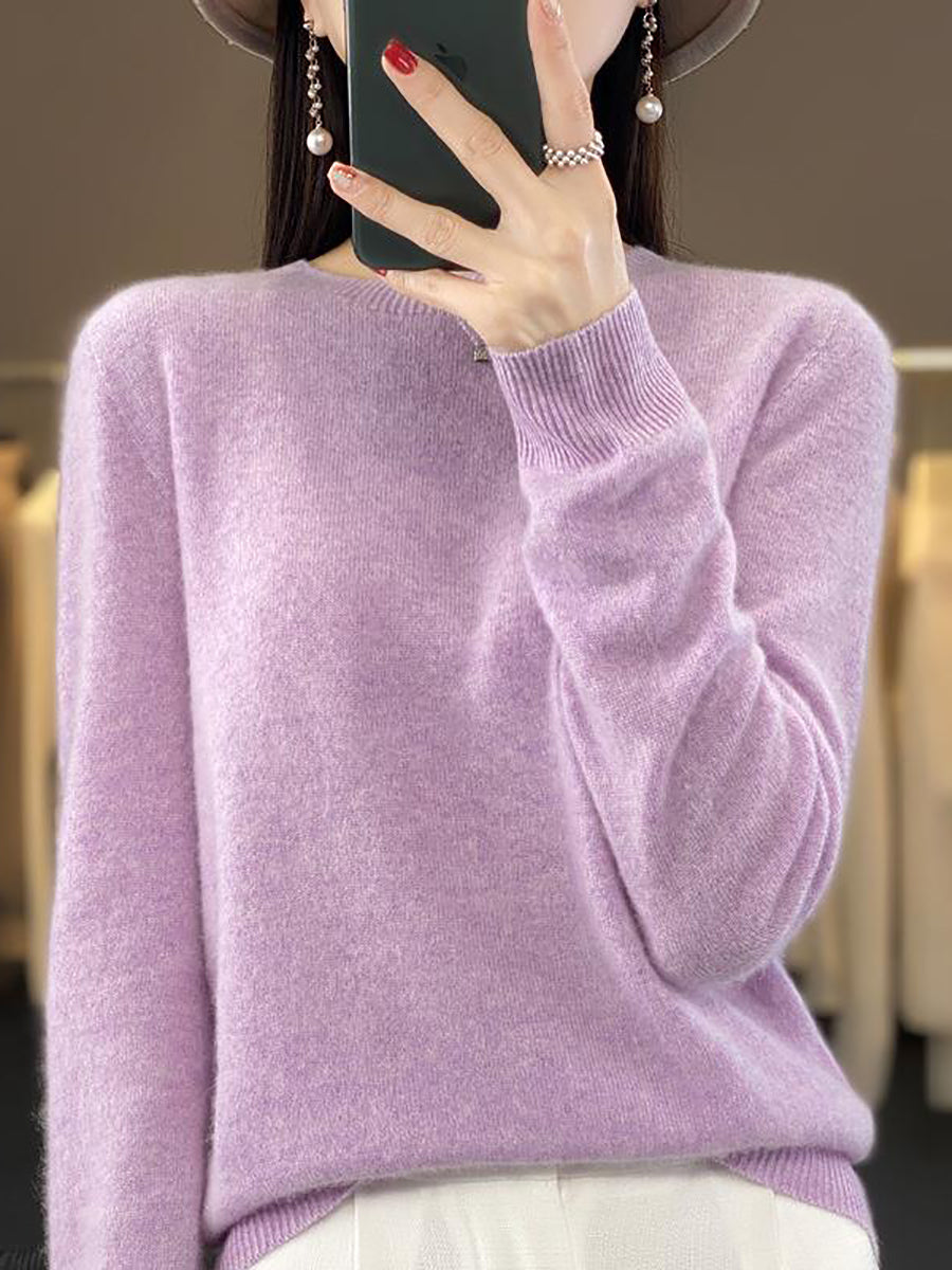 Women Autumn Solid Knit 100%Wool O-Neck Sweater WU023