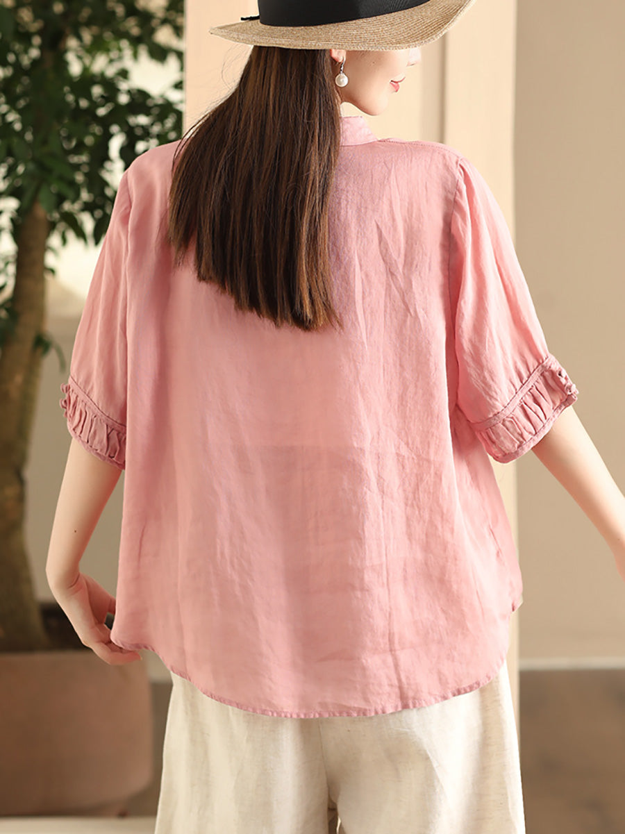 Women Summer Vintage Embroidery Turn-down Collar Ramie Shirt FD017