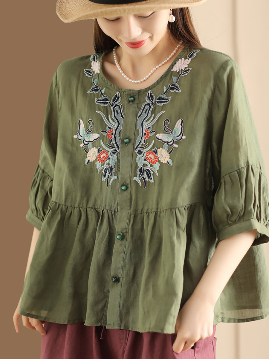 Women Ethnic Flower Embroidery Summer Ramie Shirt QW1015