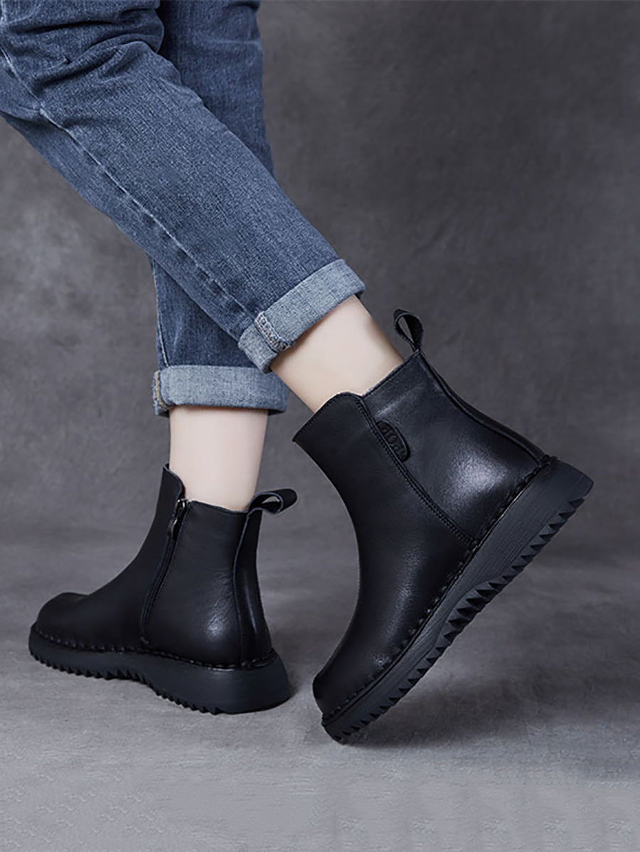 Women Retro Genuine Leather Zippper Mid-Heel Boots