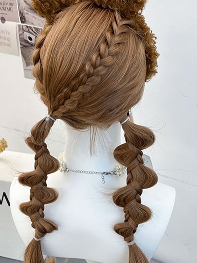and Ponytails Bangs With Braided Brown Full Synthetic Double Wig