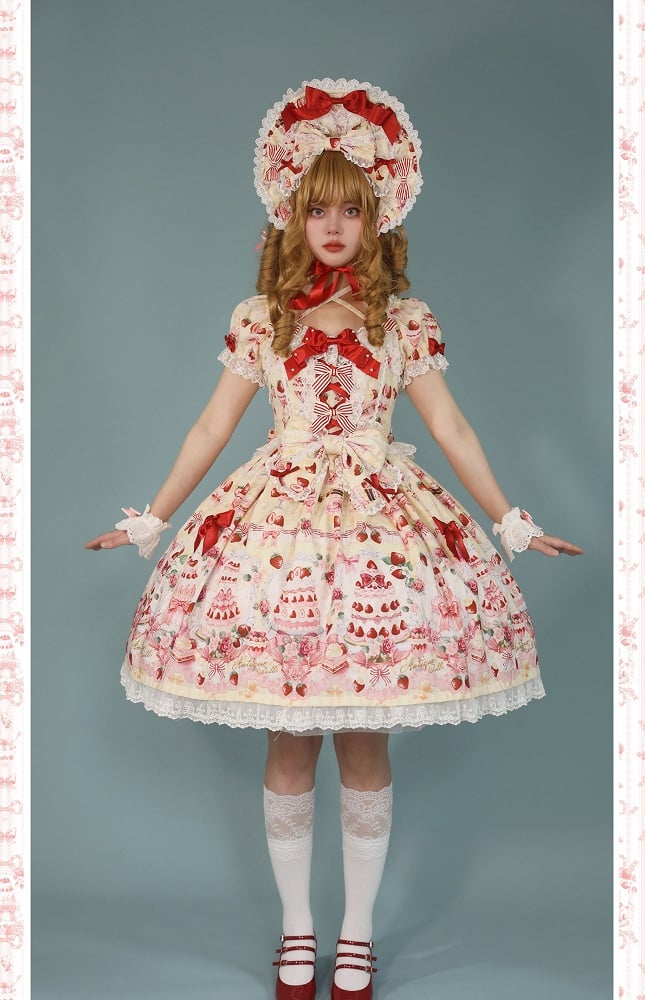 Full Accents Lolita Sweet Cake Print Bow / Dress Set Yellow Strawberry