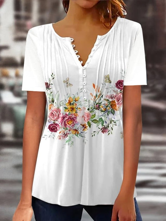 Women T-shirts V Neck White Floral Printing AD660