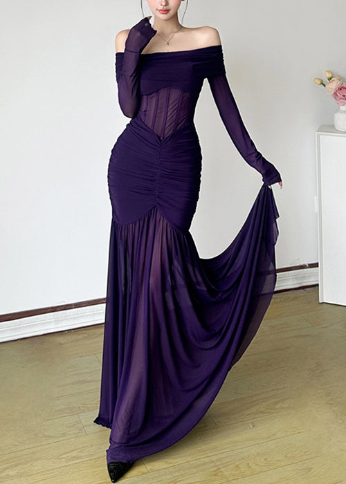 Maxi Neck Slash Stylish Wrinkled Spring Tulle Purple Dresses