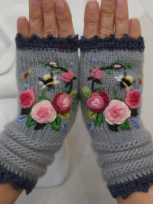 Fingerlose Handschuhe mit Blumenstickerei cc41