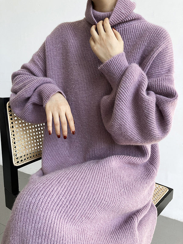 Urban Loose Purple High-Neck Long Puff Sleeve Sweater Dress AN1052