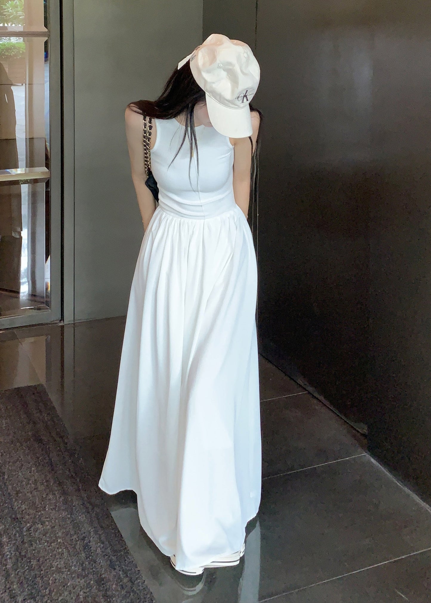 Sleeveless Holiday Fit Cotton Dress Patchwork White Silm