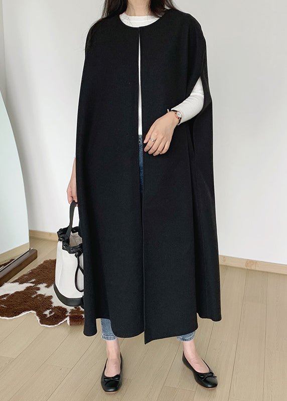 Black Oversized Women Sleeveless Pockets Coats Woolen