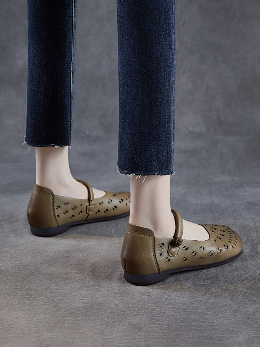 Leather Heel Summer Low Women Shoes Genuine Out Hollow