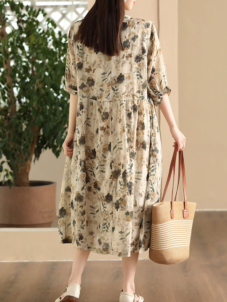 Women Summer Artsy Floral V-Neck Loose Ramie Dress LL020