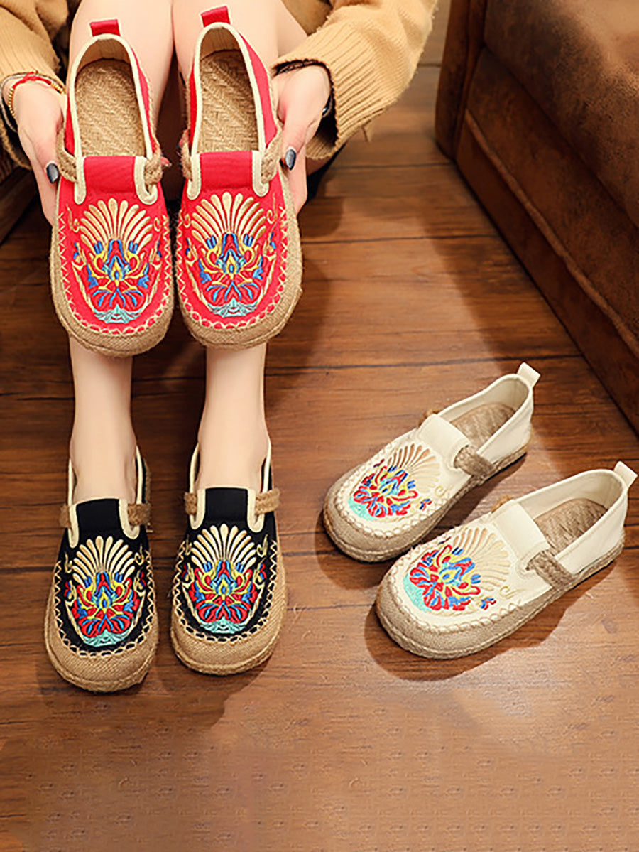 Women Summer Ethnic Embroidery Cloth Linen Flat Shoes AH1011