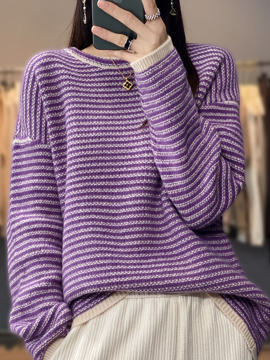 Women Autumn Casual Stripe O-Neck Wool Knit Sweater AT1012