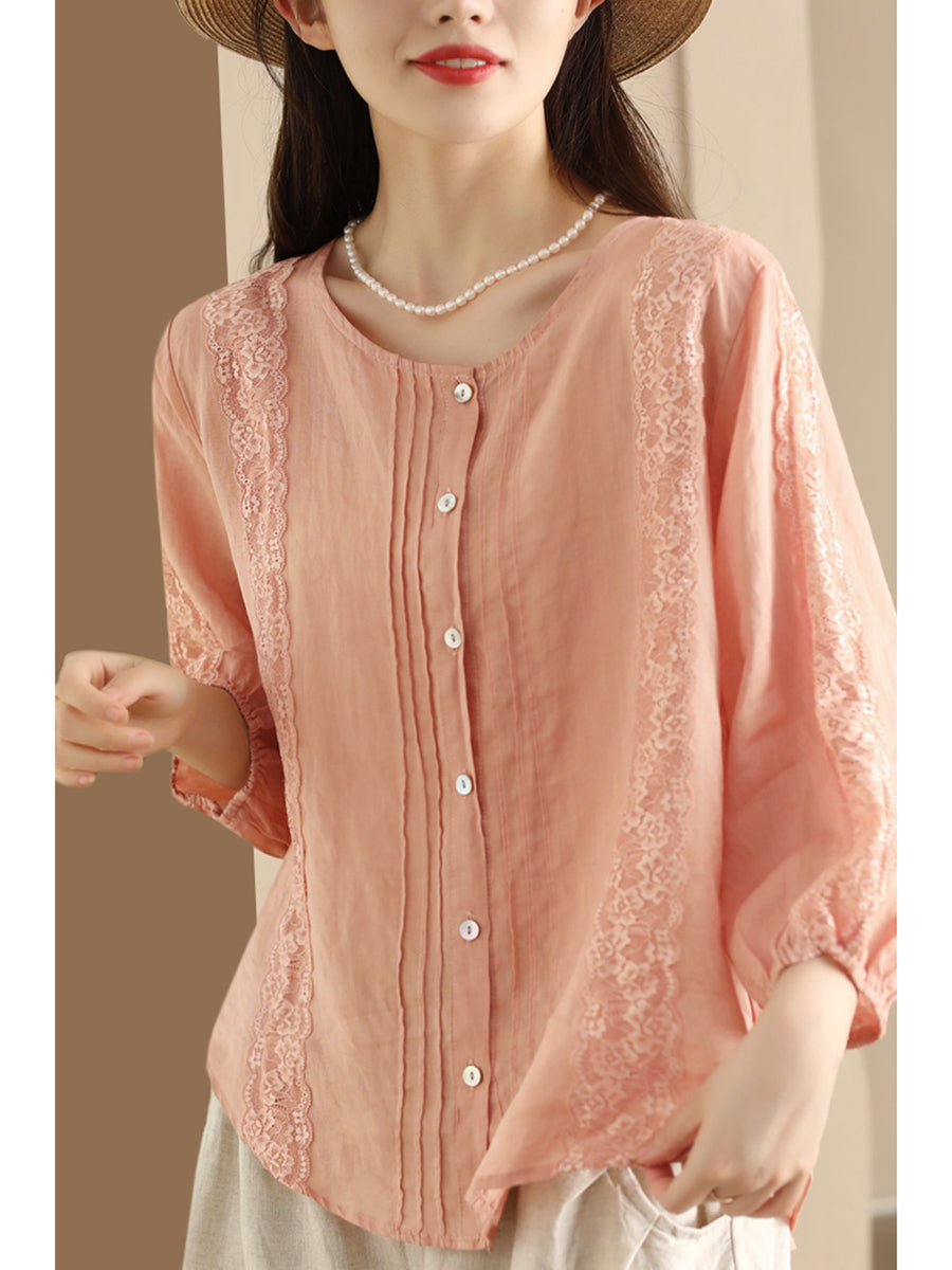 Women Summer Artsy Lace Spliced Ramie Button-Up Shirt II1020