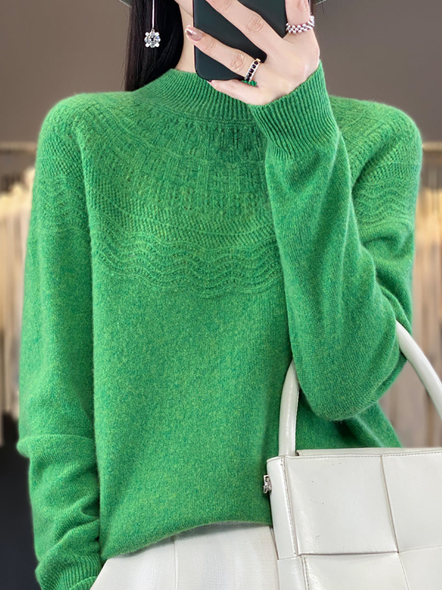 Women Autumn Cable Knit 100%Wool Half Turtleneck Sweater QN031