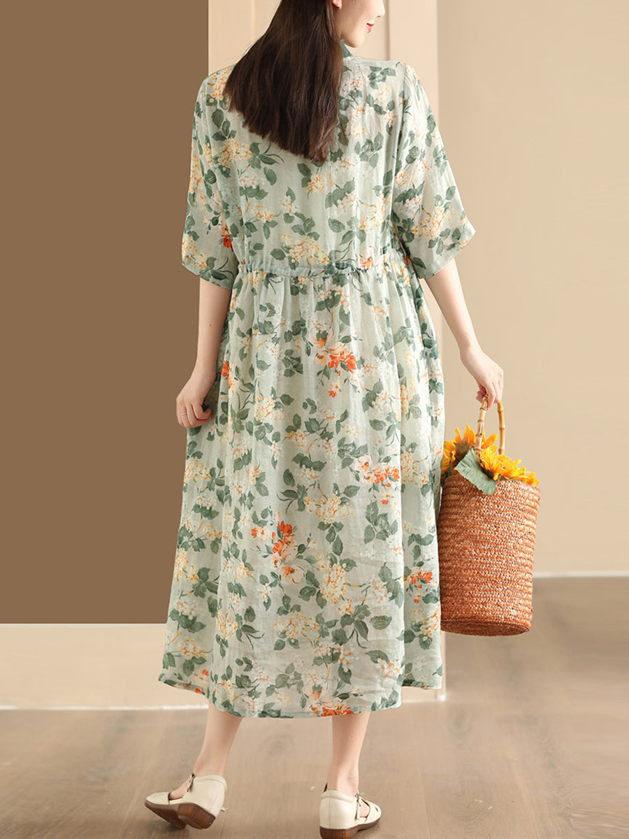 Women Summer Flower Stand Collar Ramie Dress OO1046