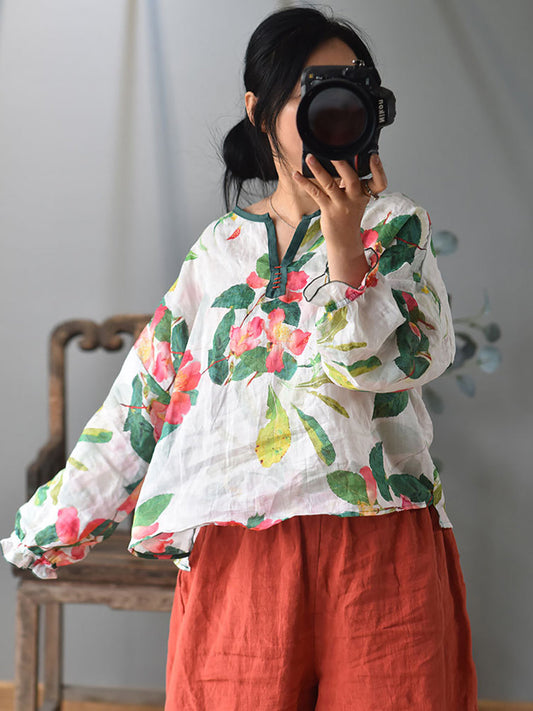 Women Ethnic Spring Flower Print V-Neck Shirt LL060