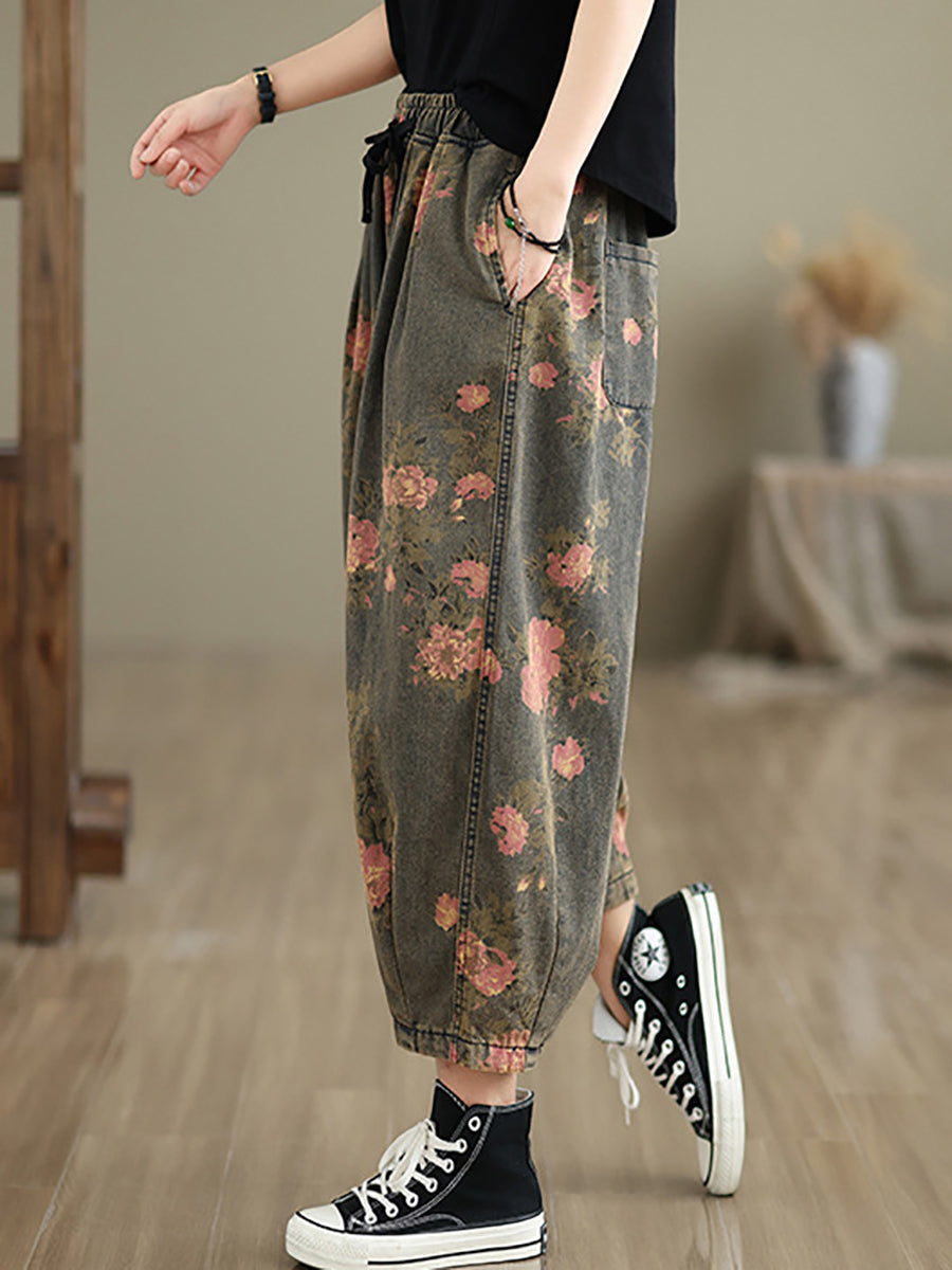 Women Summer Retro Flower  Denim Loose Pants II1003