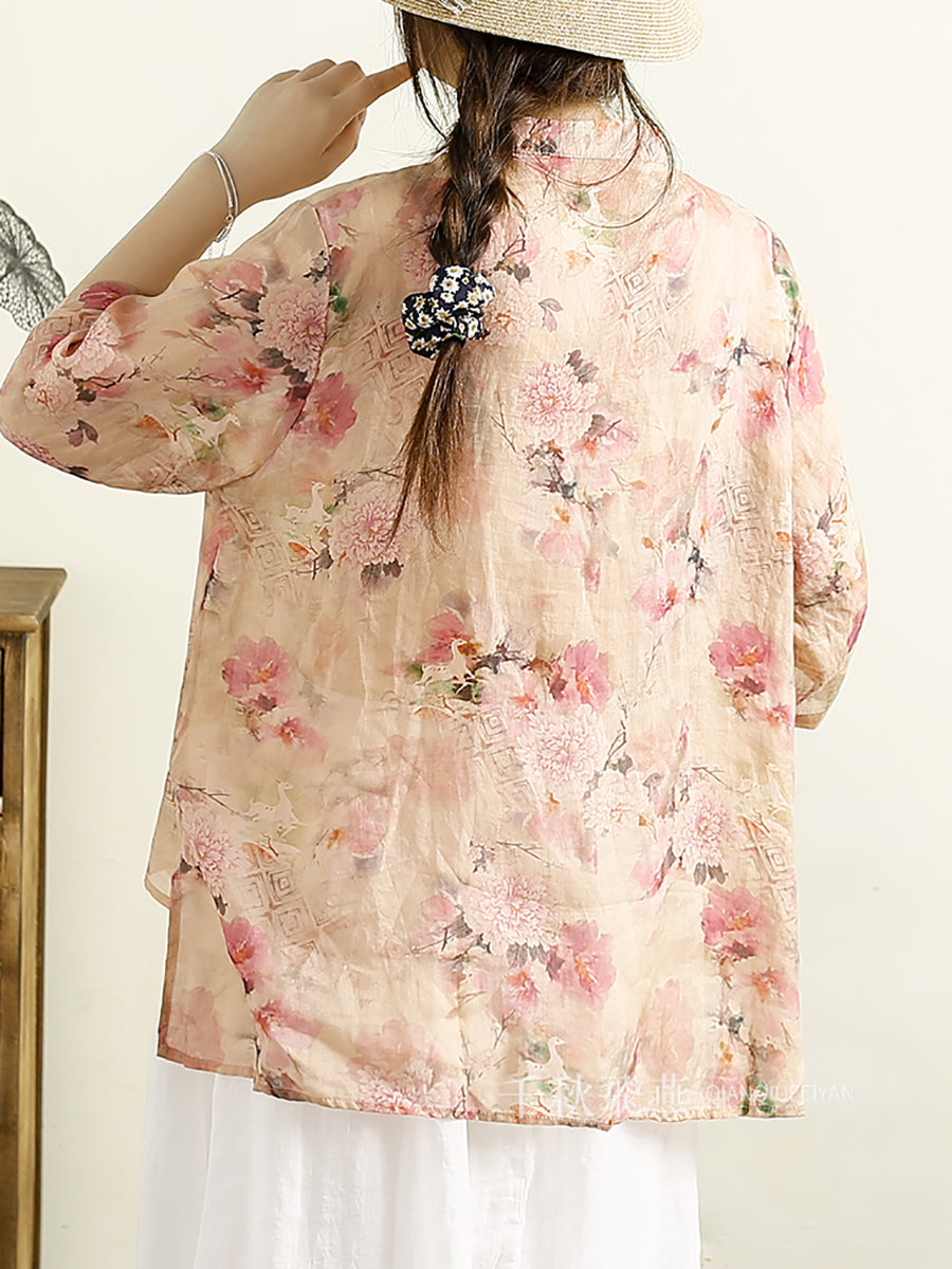 Women Summer Vintage Floral Buckle Ramie Shirt OO1043