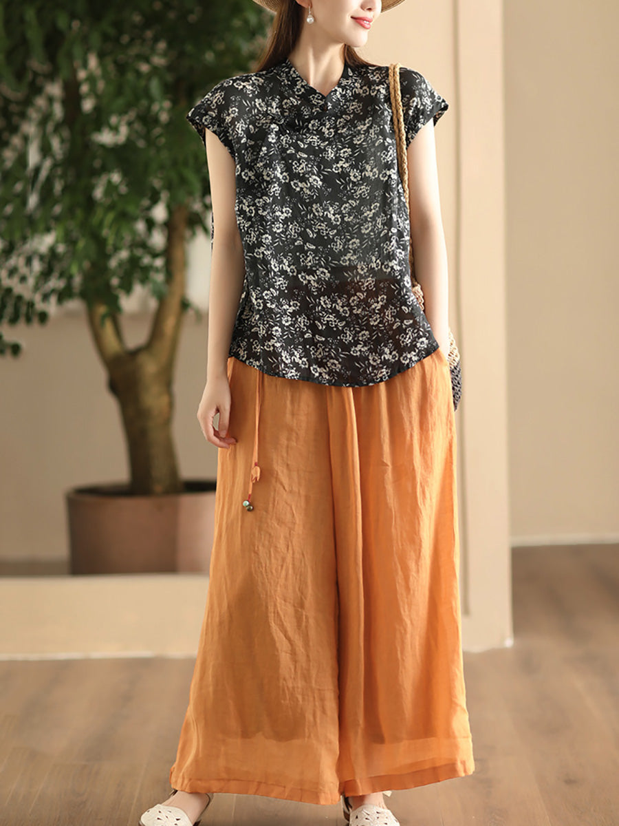 Women Summer Dual-layer Wide-leg Ramie Pants FD049