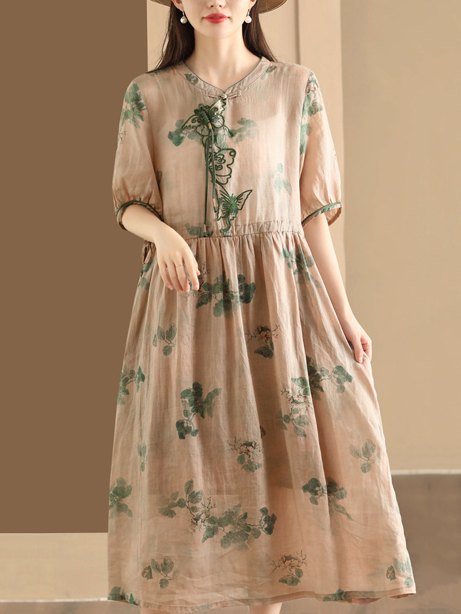 Women Summer Vintage Butterfly Embroidery Ramie Dress PP1036