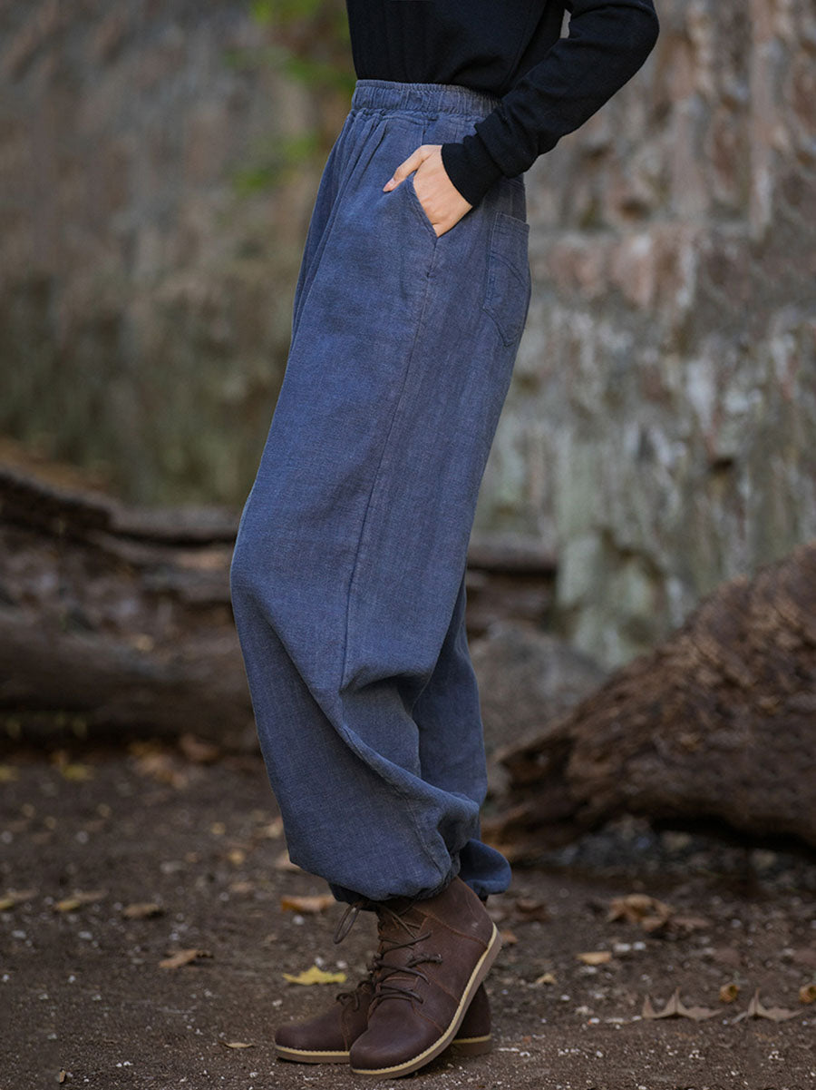 Women Vintage Autumn Solid Loose Ramie Cuffed Pants AT1013