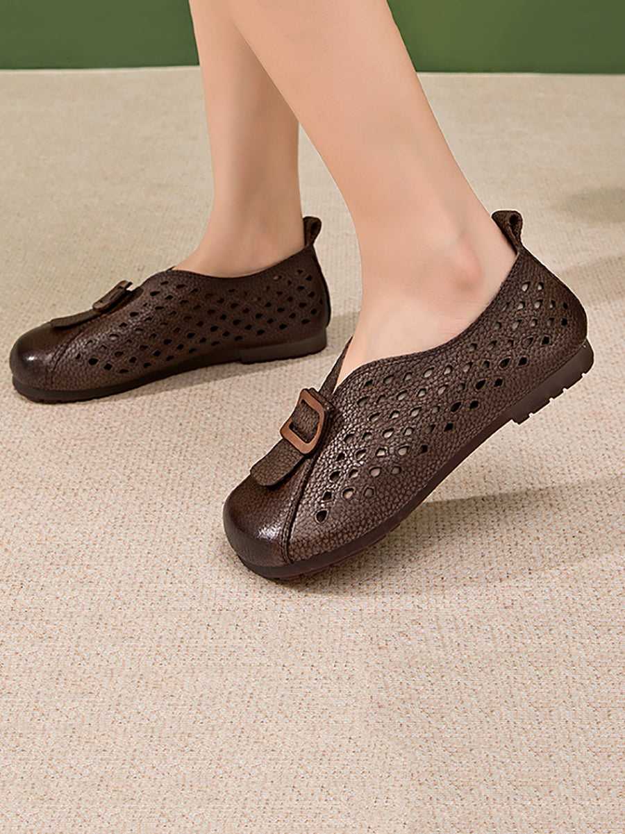 Women Leather Vintage Summer Shoes Flat Spliced