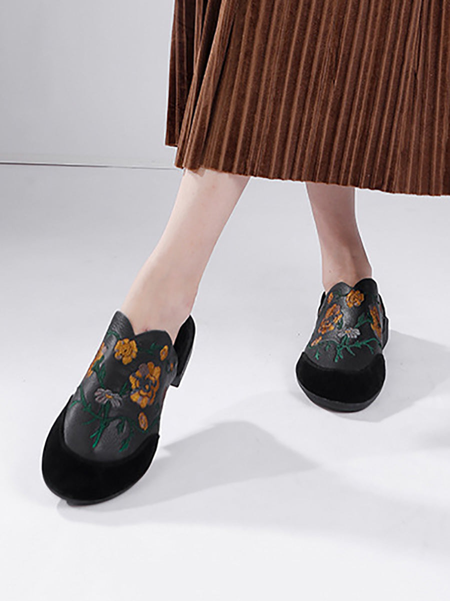 Women Ethnic Autumn Embroidery Leather Low Heel Shoes AI1020