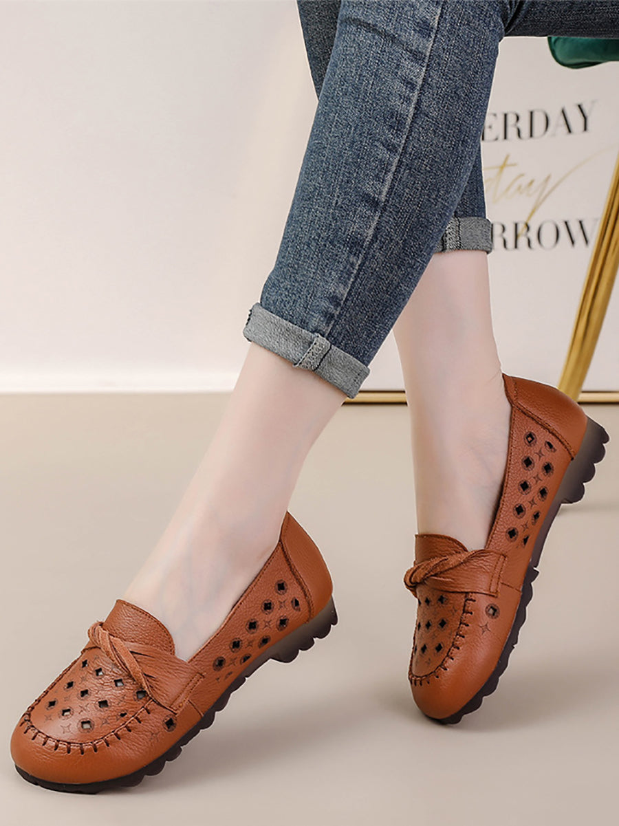 Women Vintage Leather Cutout Spliced Low Heel Shoes RR1047