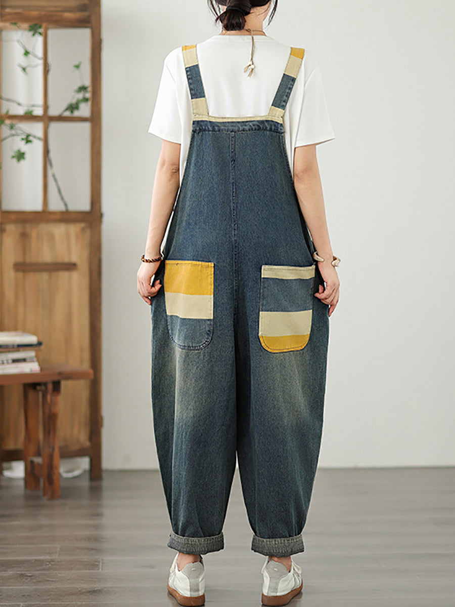 Jumpsuits Stripe Colorblock Summer Women Denim Loose