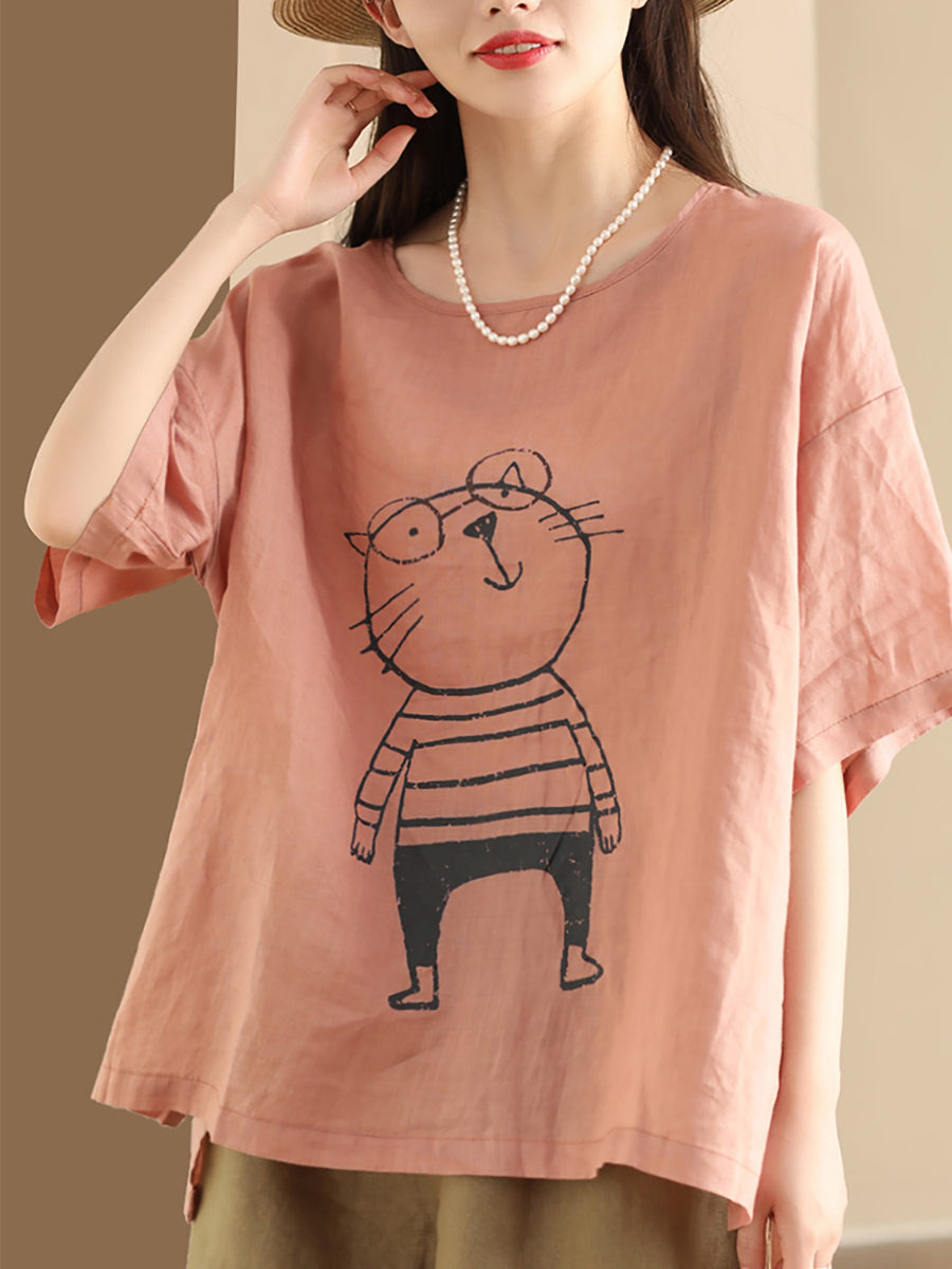 Women Summer Cartoon Cat Print Ramie Pullover Shirt OO1034