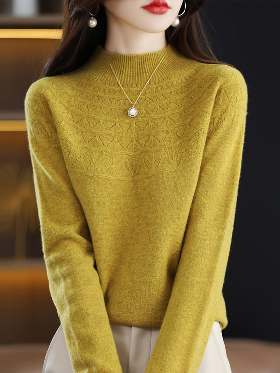 Women Autumn Solid Cable Knit 100%Wool Half Turtleneck Sweater QN017