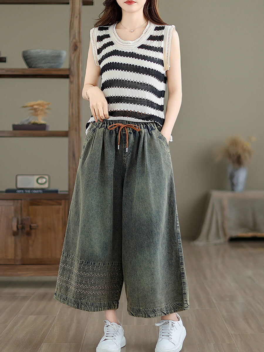 Women Summer Casual Embroidery Wide-leg Denim Pants CC010