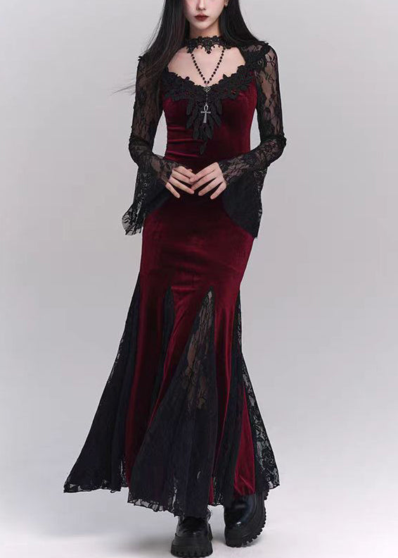 Black Silk Lace Velvet Hollow Bohemian Dresses Out Patchwork Maxi
