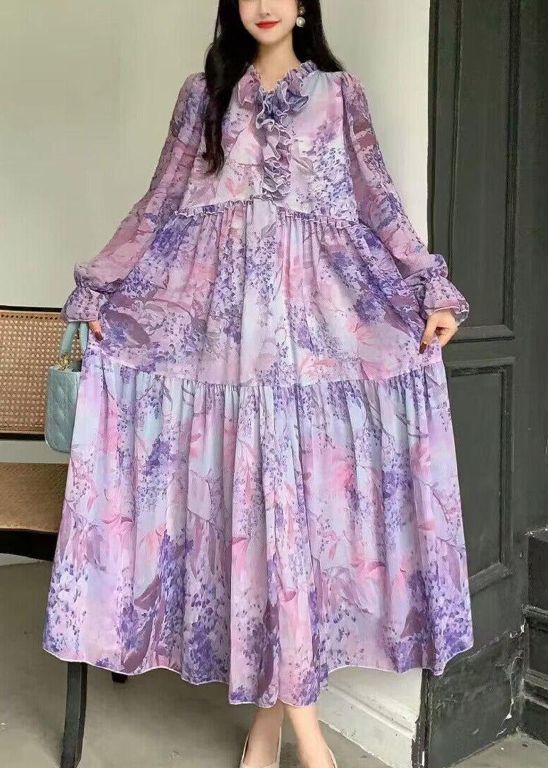 Fantasy Purple Print Patchwork Ruffled Long Sleeve Dress AZ1005