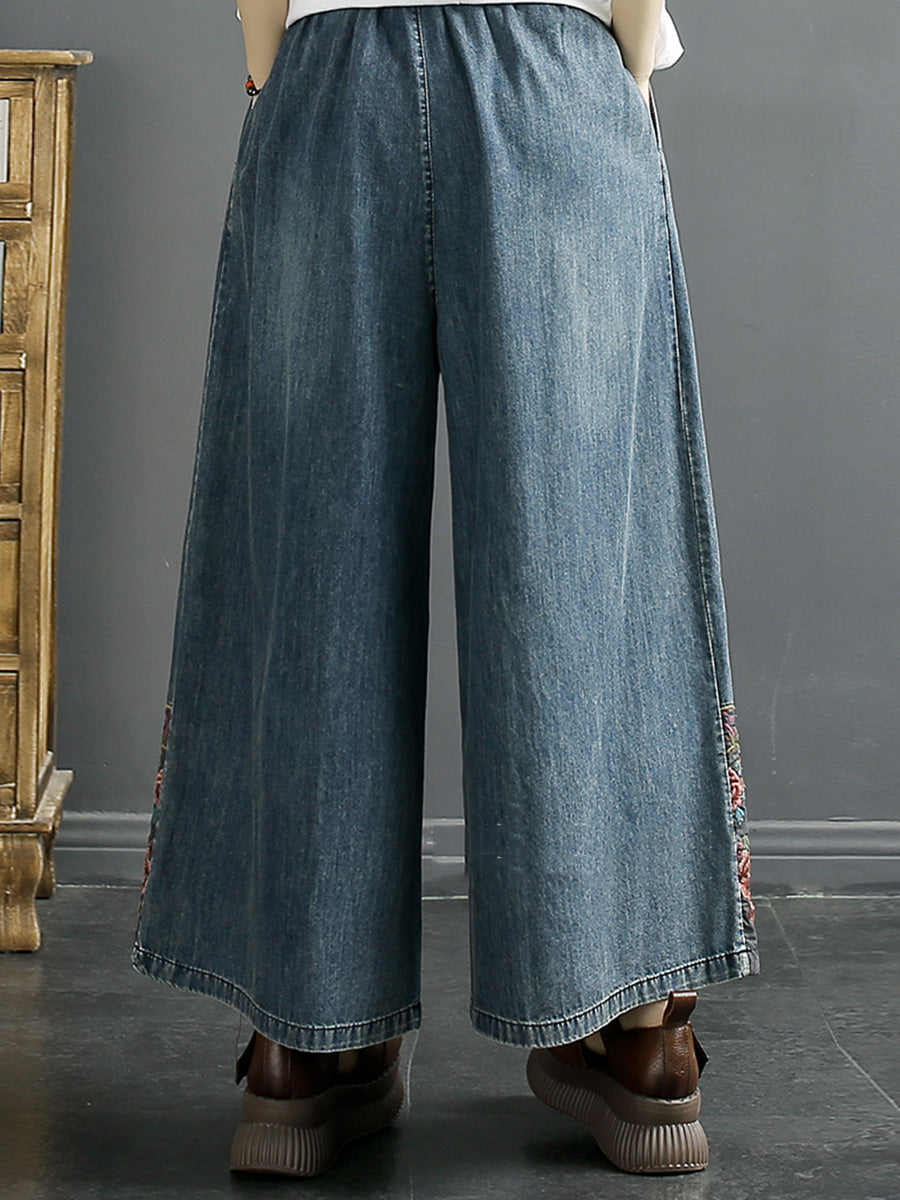 Pantalon en jean à jambe large avec broderie vintage pour femme KL1007