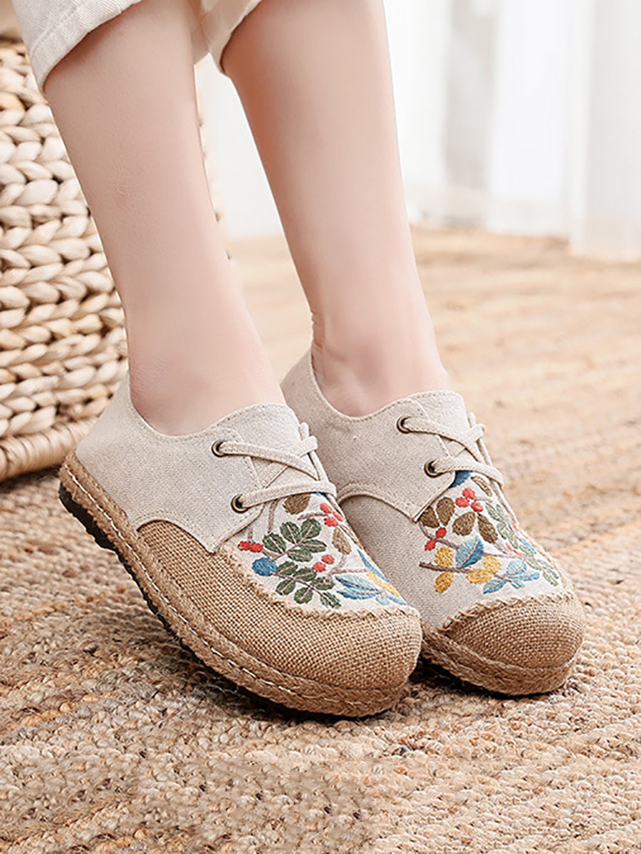 Women Summer Vintage Flower Embroidery Linen Cloth Shoes AT1068