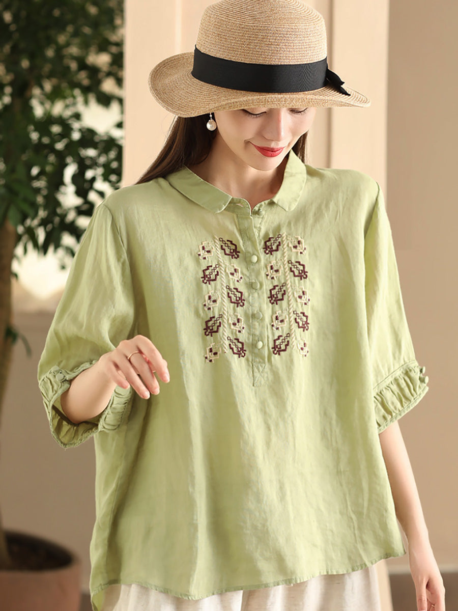 Women Summer Vintage Embroidery Turn-down Collar Ramie Shirt FD017