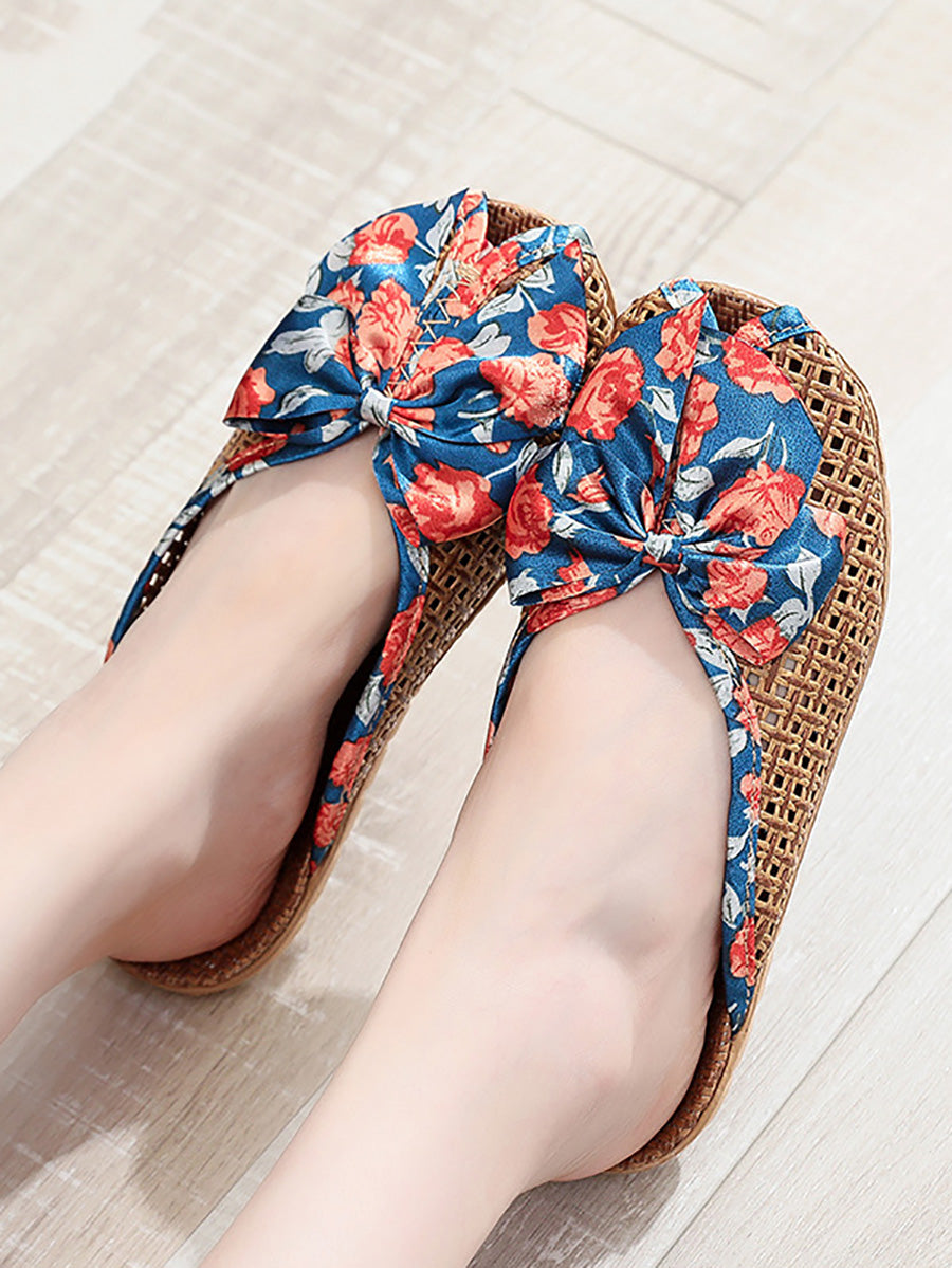 Indoor Weave Slippers Women Straw Flower Ethnic Bowknot