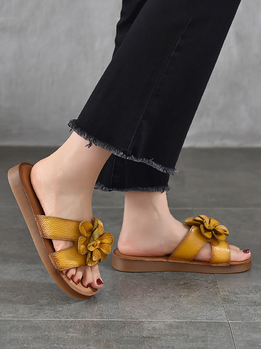 Flower Slippers Genuine Women Leather Casual