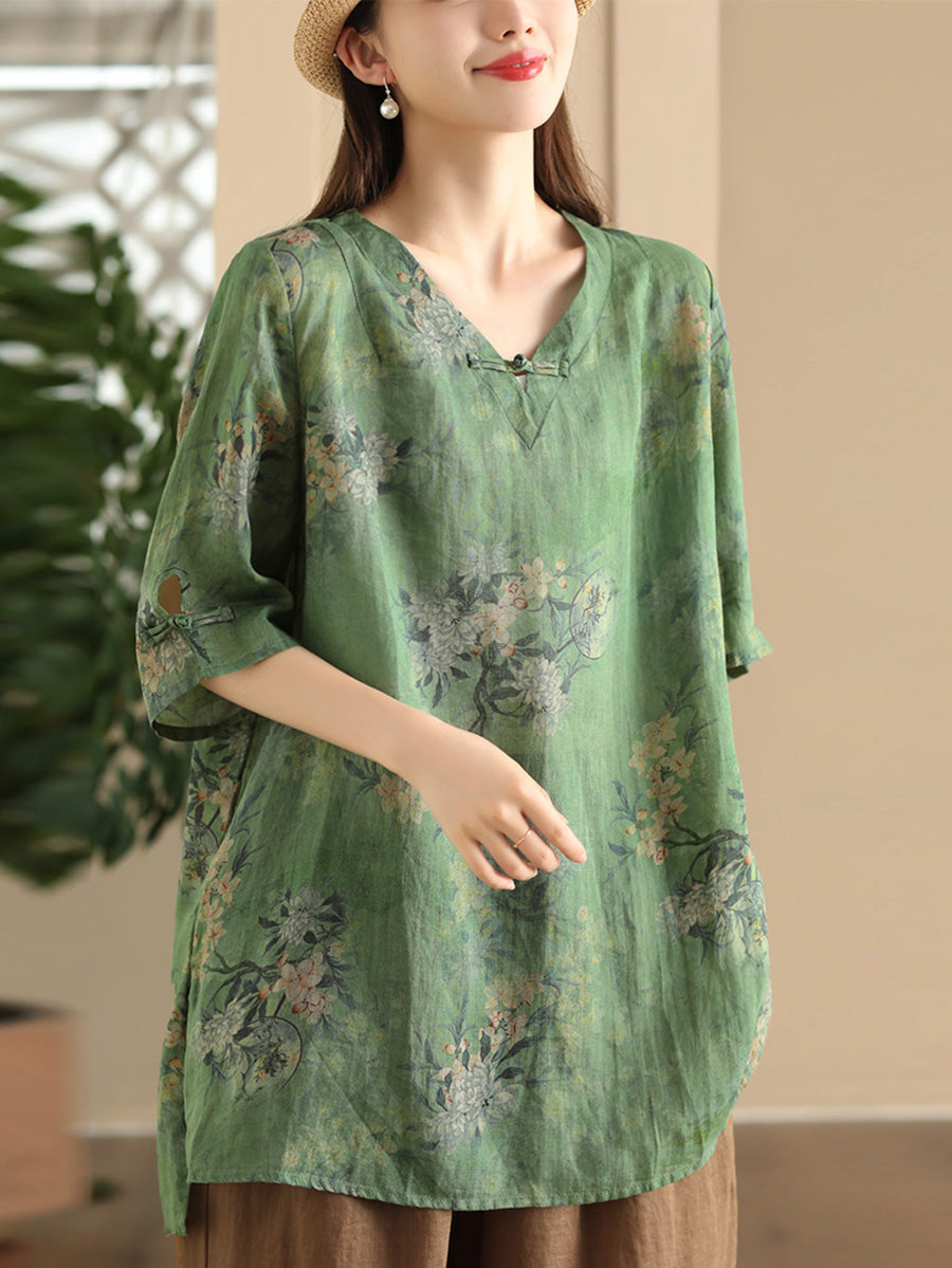 Women Summer Vintage Flower Buckle Ramie Long Shirt LL039