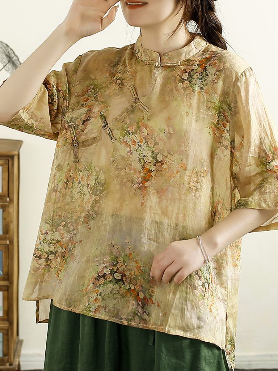 Women Summer Vintage Floral Buckle Ramie Shirt OO1043