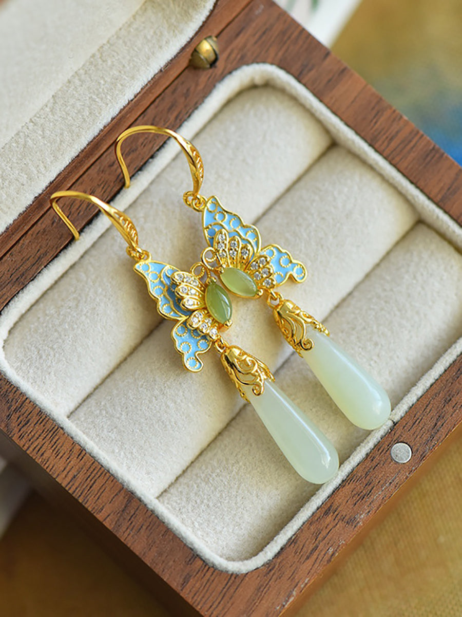 Ethnic Enamel S925Silver Butterfly Earrings Jade Women