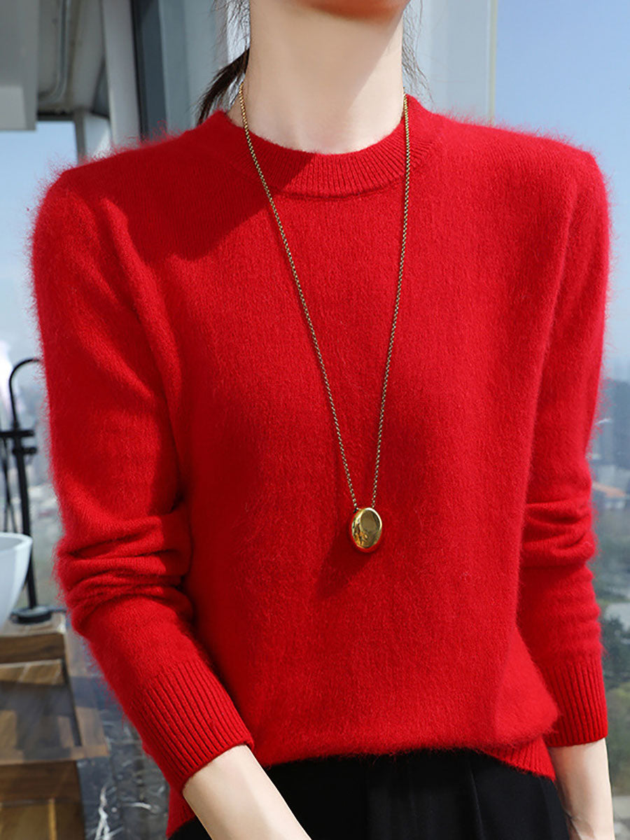 Women Autumn Casual O-Neck Soft 100%Wool Sweater QU030