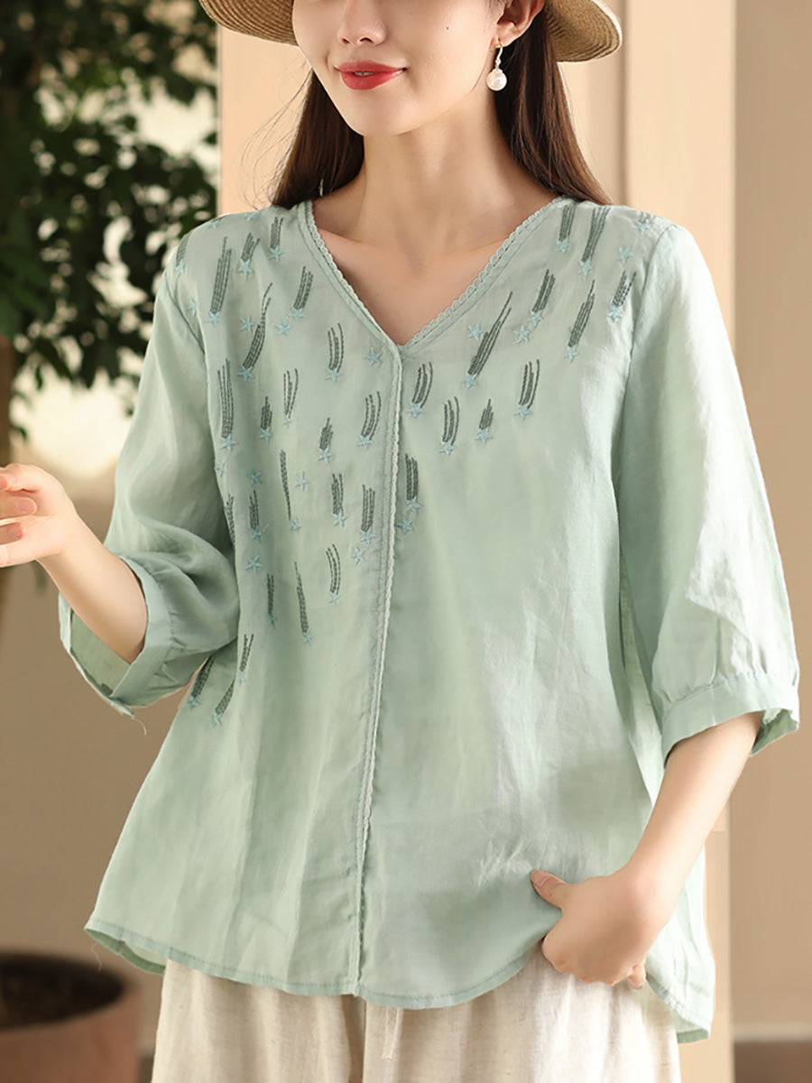 Women Summer Artsy Embroidery V-Neck Ramie Shirt FD005