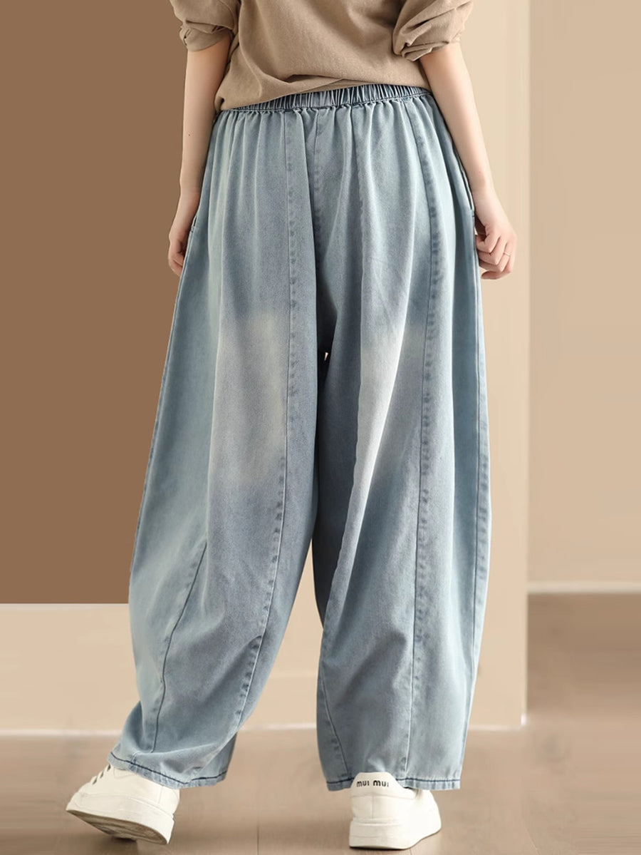 Women Vintage Washed Spliced Denim Wide-leg Pants QW1007