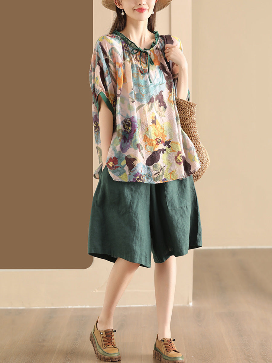 Women Summer Artsy Print Strap Loose Linen Shirt HH046