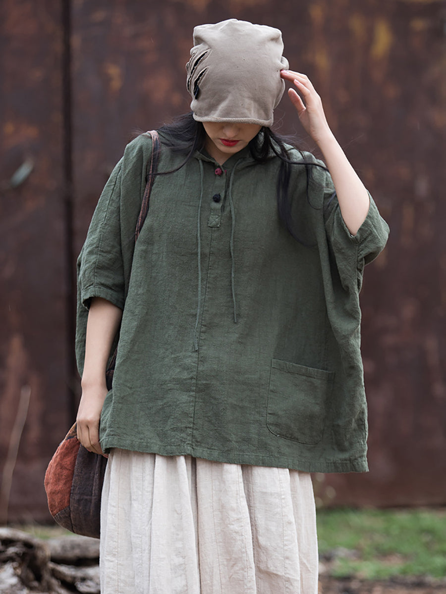 Women Summer Retro Solid Loose Hooded Ramie Shirt CC045